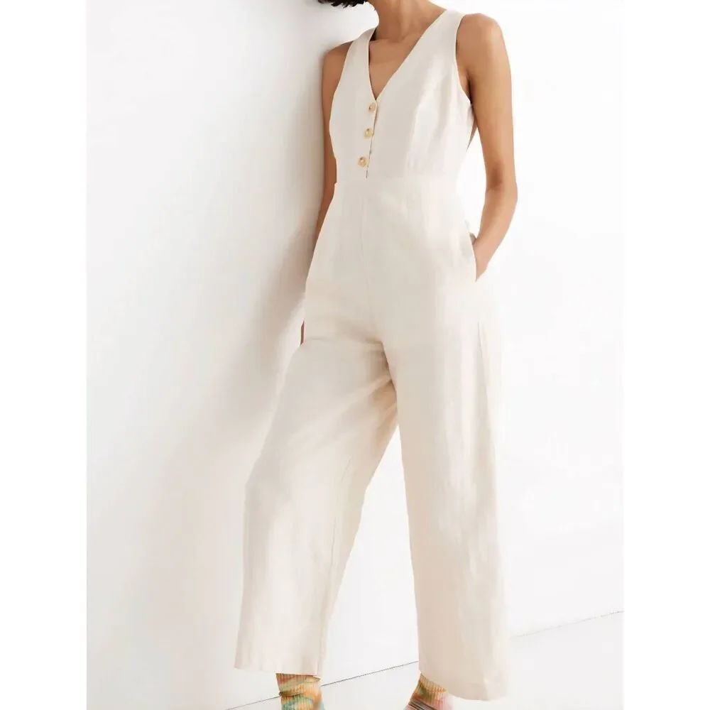 Madewell Jumpsuit Women's 0 Natural Linen Blend Sleeveless Wide Leg Button Front
